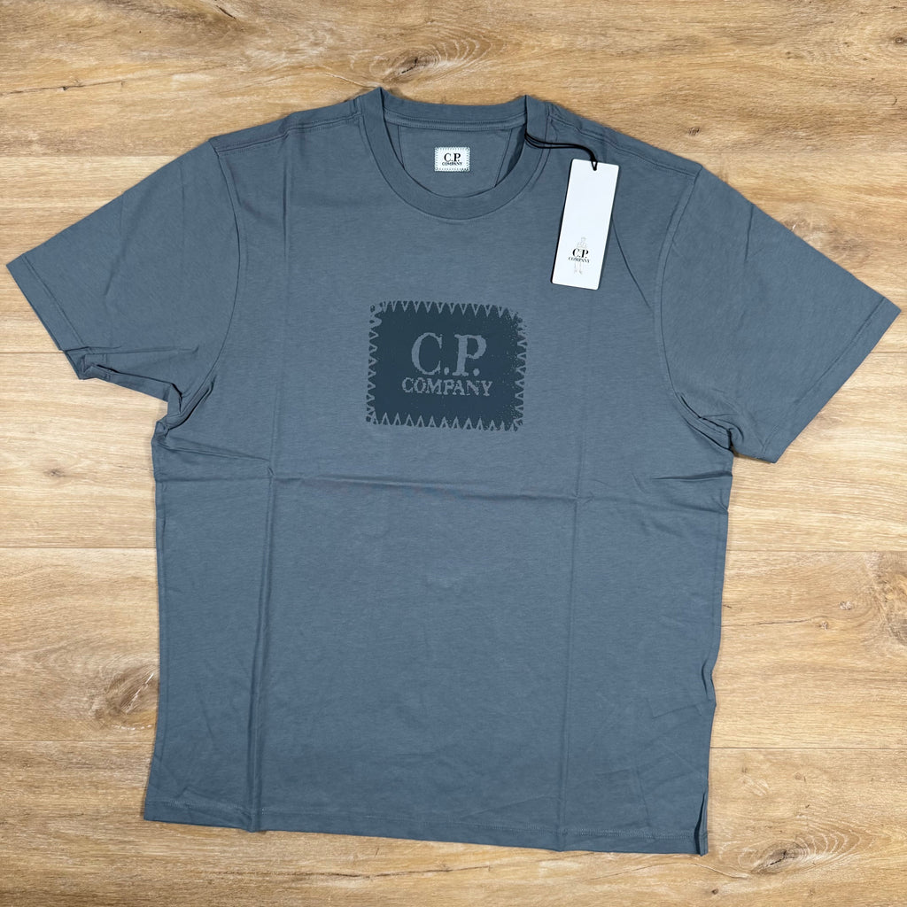 CP Company Stitch Block Logo T-Shirt in Stormy Weather - Blue Ironleague