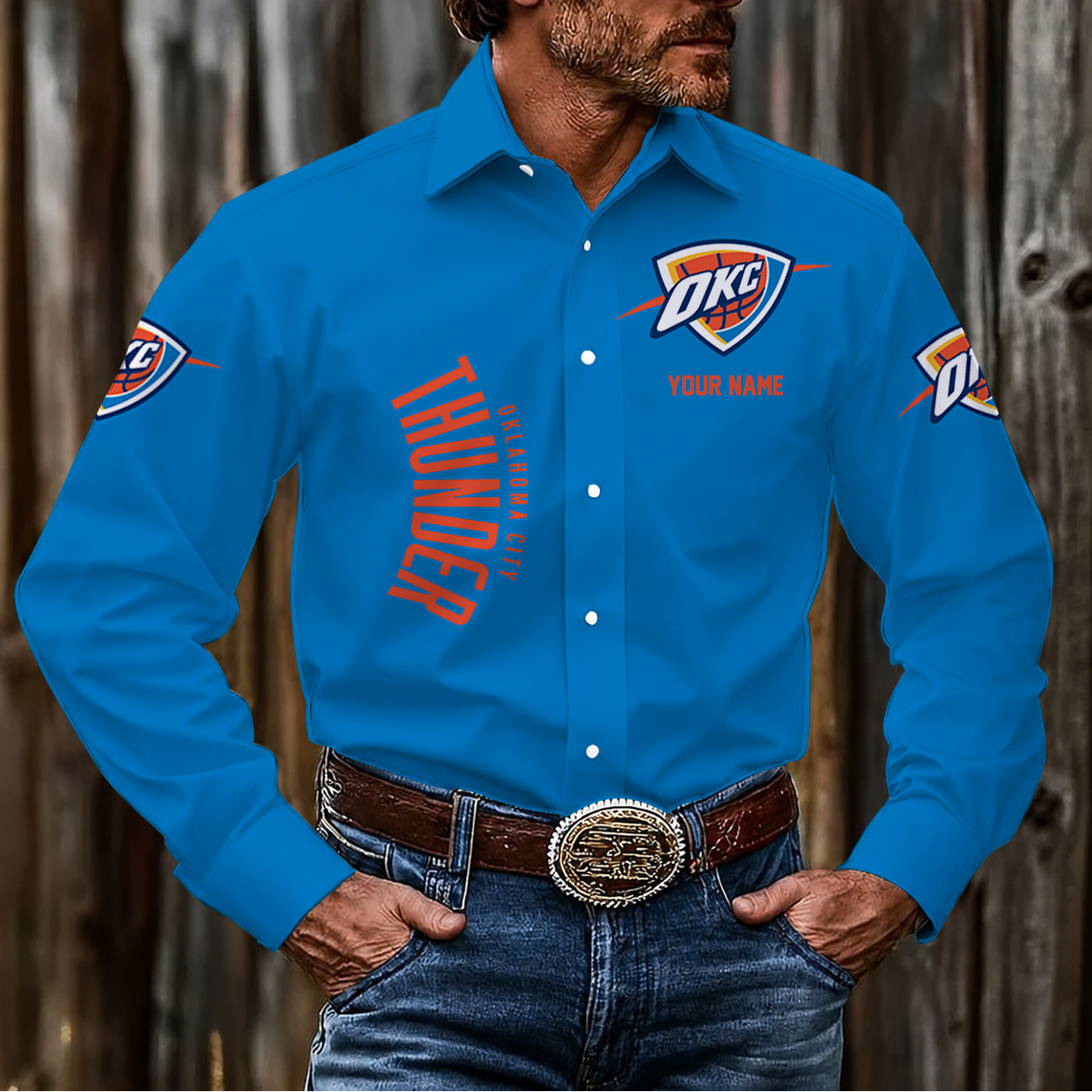 FINAL SALE - NEW CUSTOMIZED NBA01 OCT OKLAHOMA CITY THUNDER MEN'S LONG SLEEVE BUTTON-UP SHIRT
