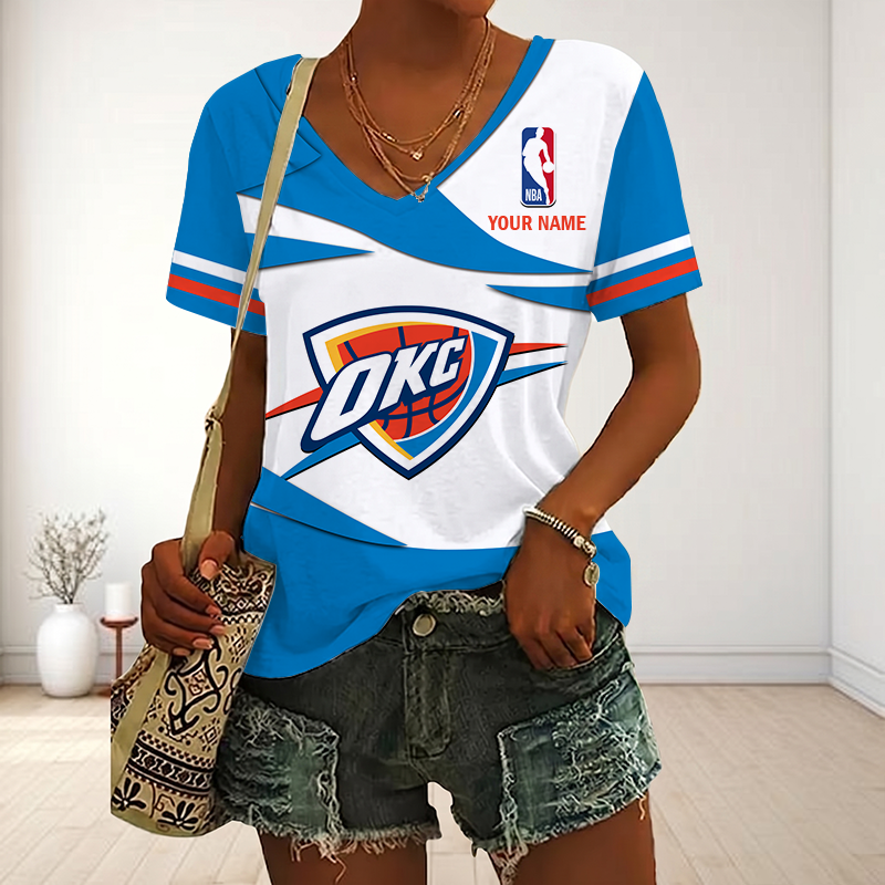 FINAL SALE - NEW CUSTOMIZED NBA01 OCT OKLAHOMA CITY THUNDER V-NECK FEMALE SHIRT