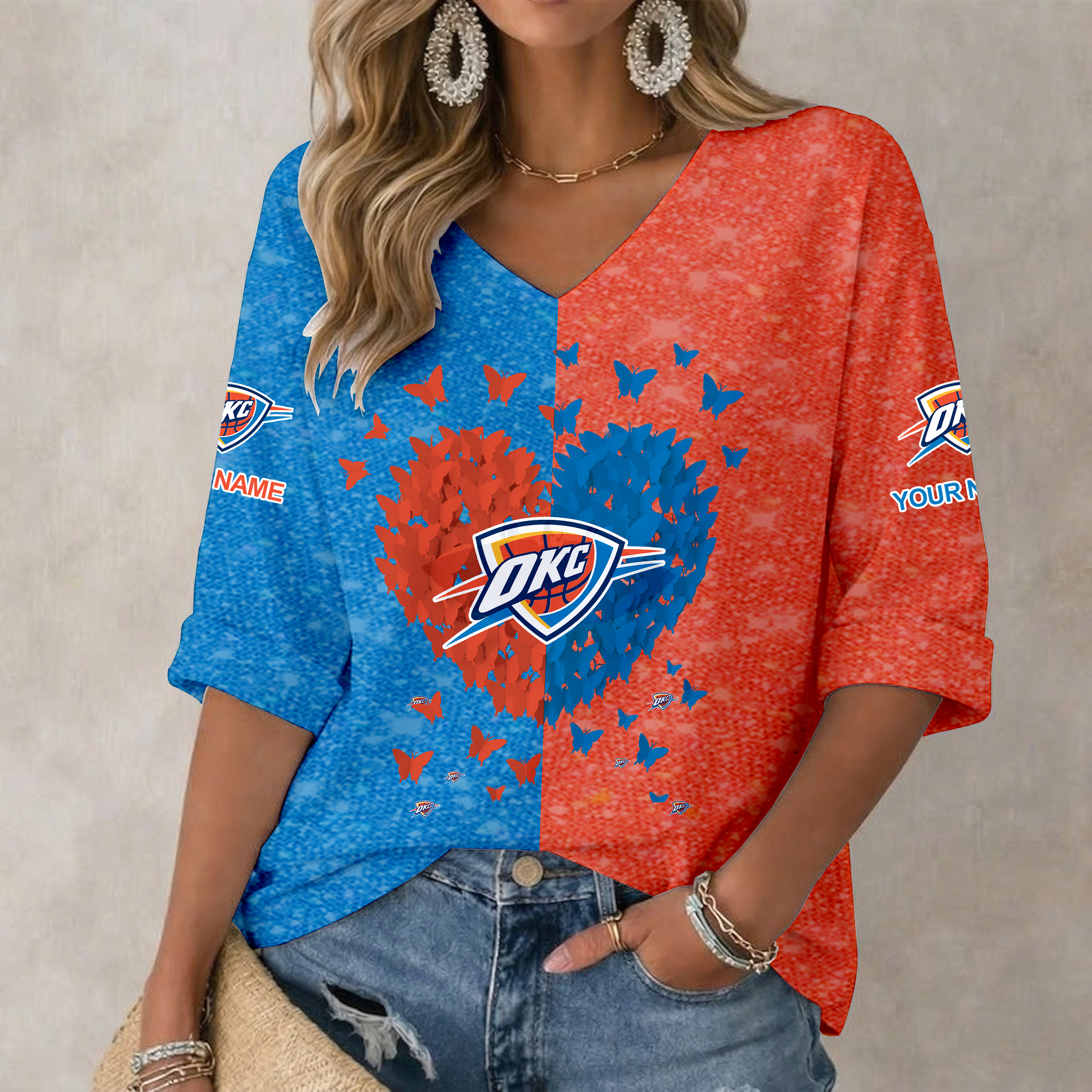 FINAL SALE - NEW CUSTOMIZED NBA01 OCT OKLAHOMA CITY THUNDER WOMEN'S HEART V-NECK LONG SLEEVE SHIRT