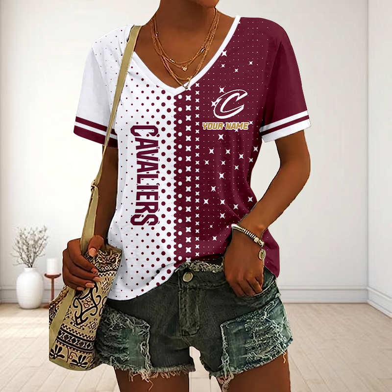 FINAL SALE - NEW CUSTOMIZED NBA02 CCA CLEVELAND CAVALIERS V-NECK FEMALE SHIRT