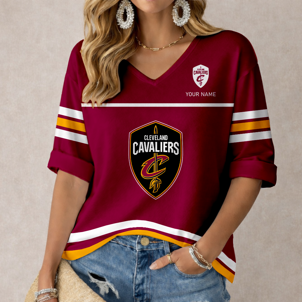 FINAL SALE - NEW CUSTOMIZED NBA02 CCA CLEVELAND CAVALIERS WOMEN'S HEART V-NECK LONG SLEEVE SHIRT