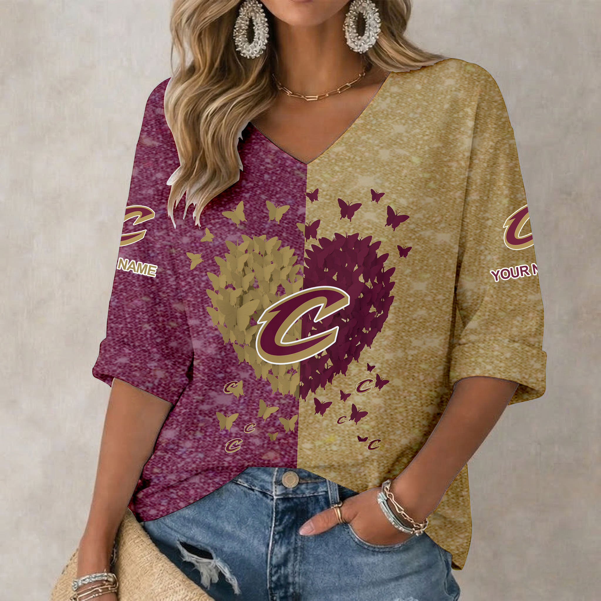 FINAL SALE - NEW CUSTOMIZED NBA02 CCA CLEVELAND CAVALIERS WOMEN'S HEART V-NECK LONG SLEEVE SHIRT