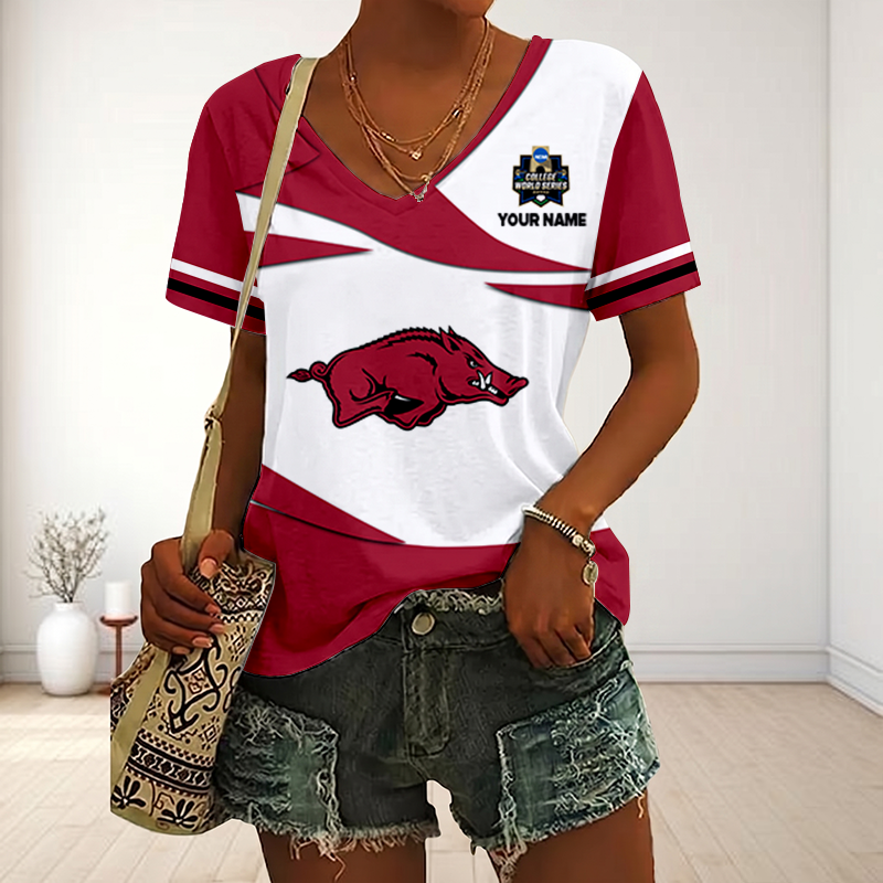 VIRAL EDITON - NEW CUSTOMIZED CWS NCAA03 AKR AK RAZORBACKS V-NECK FEMALE SHIRT