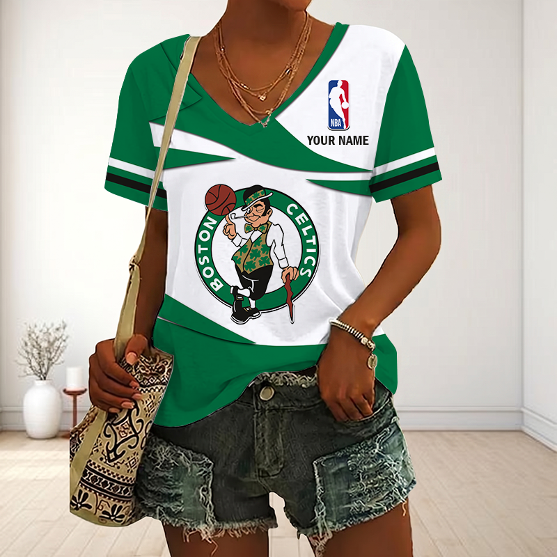 FINAL SALE - NEW CUSTOMIZED NBA03 BCE BOSTON CELTICS V-NECK FEMALE SHIRT