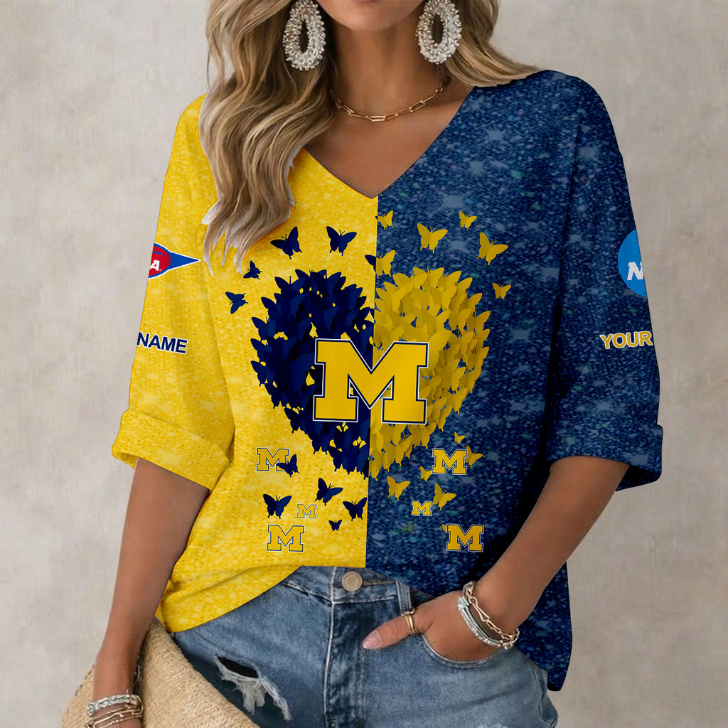 LIMITED DROP NCAA FBS03 MIW MI WOLVERINES WOMEN'S HEART V-NECK LONG SLEEVE SHIRT
