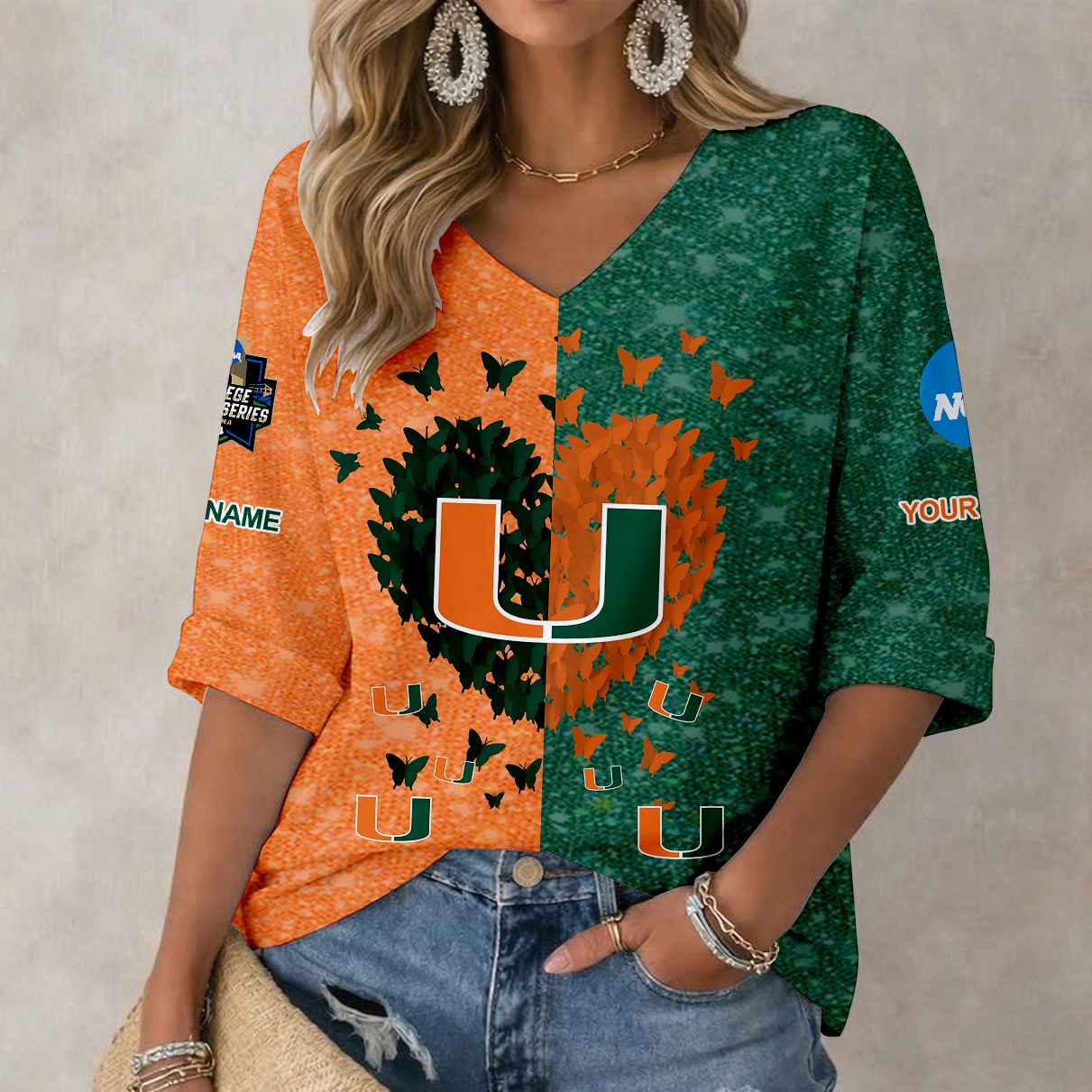 LIMITED DROP NCAA CWS04 MIH MIAMI HURRICANES WOMEN'S HEART V-NECK LONG SLEEVE SHIRT