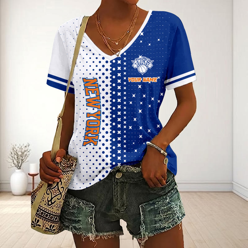 FINAL SALE - NEW CUSTOMIZED NBA04 NYK NEW YORK KNICKS V-NECK FEMALE SHIRT