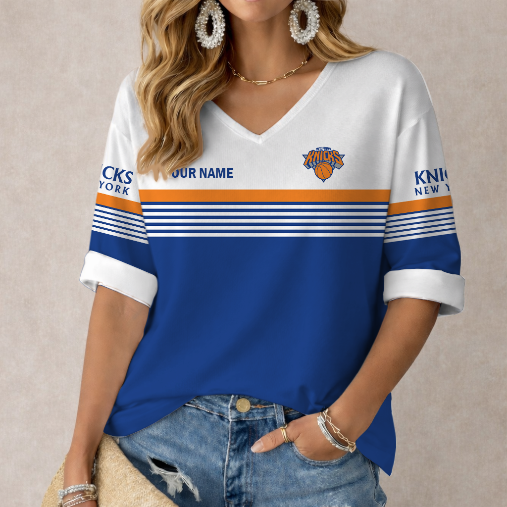 FINAL SALE - NEW CUSTOMIZED NBA04 NYK NEW YORK KNICKS WOMEN'S HEART V-NECK LONG SLEEVE SHIRT