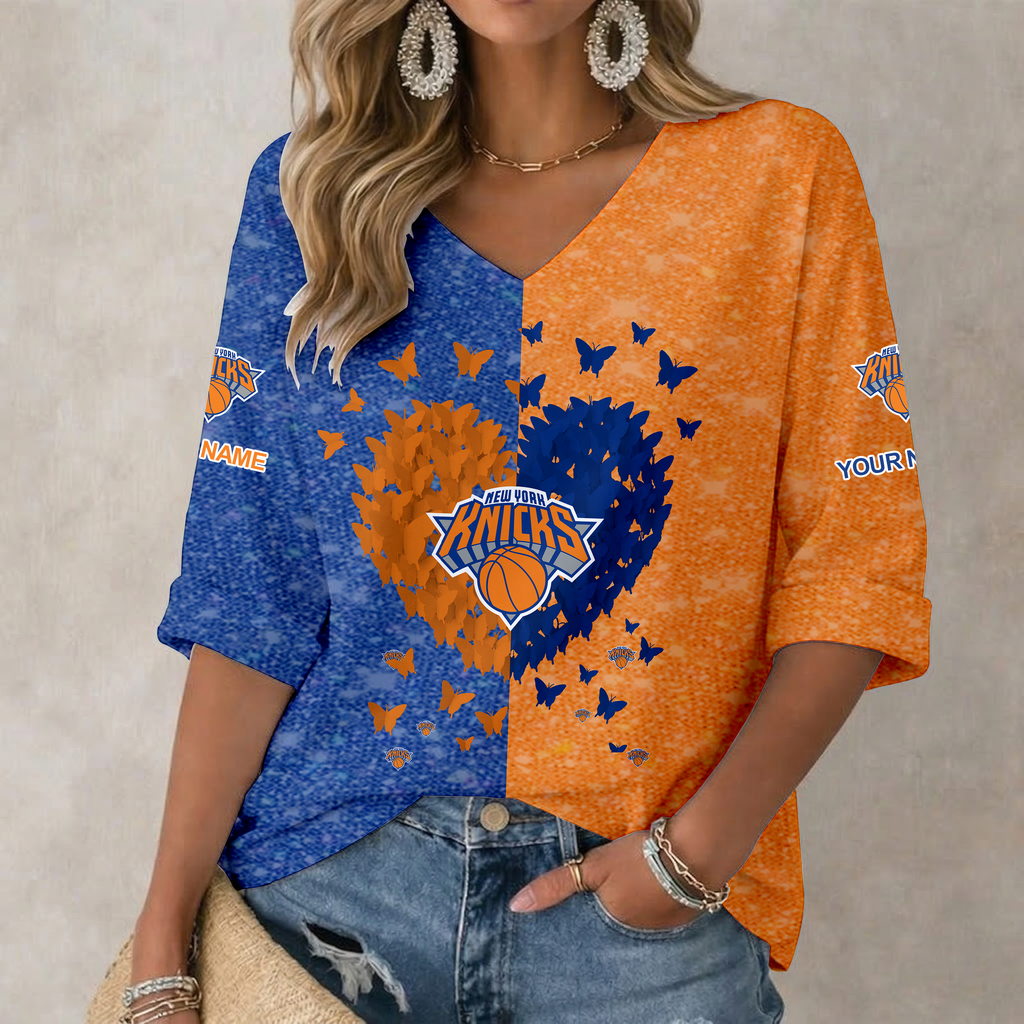FINAL SALE - NEW CUSTOMIZED NBA04 NYK NEW YORK KNICKS WOMEN'S HEART V-NECK LONG SLEEVE SHIRT