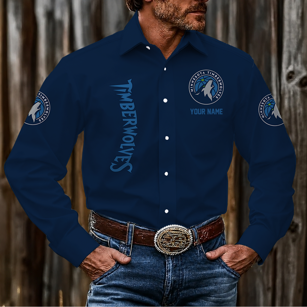FINAL SALE - NEW CUSTOMIZED NBA05 MTW MINNESOTA TIMBERWOLVES MEN'S LONG SLEEVE BUTTON-UP SHIRT
