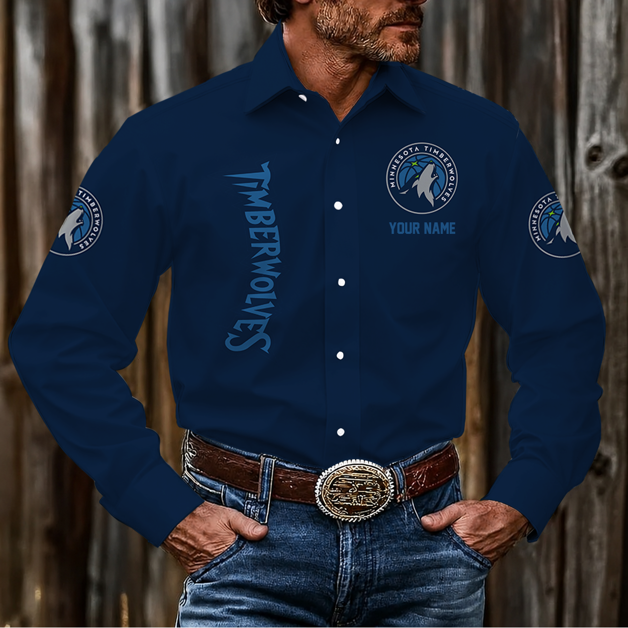 FINAL SALE - NEW CUSTOMIZED NBA05 MTW MINNESOTA TIMBERWOLVES MEN'S LONG SLEEVE BUTTON-UP SHIRT