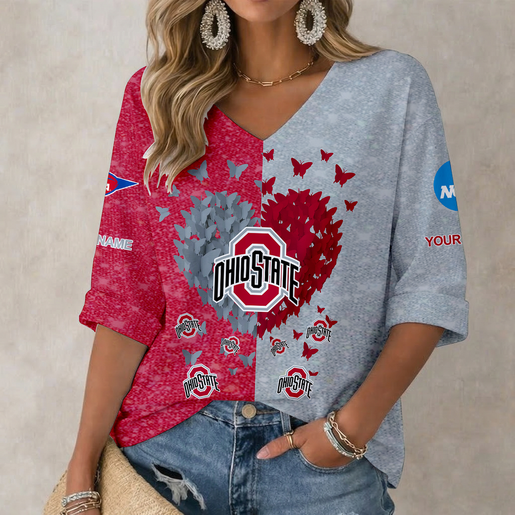 LIMITED DROP NCAA FBS05 OSB OS BUCKEYES WOMEN'S HEART V-NECK LONG SLEEVE SHIRT