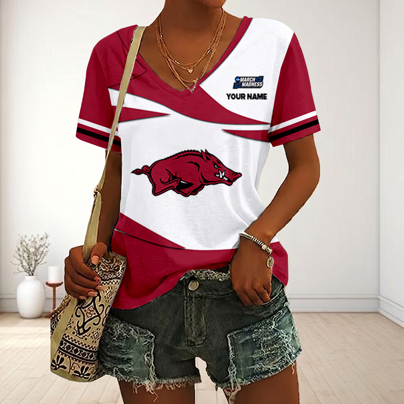VIRAL EDITON - NEW CUSTOMIZED MAM NCAA06 AKR AK RAZORBACKS V-NECK FEMALE SHIRT