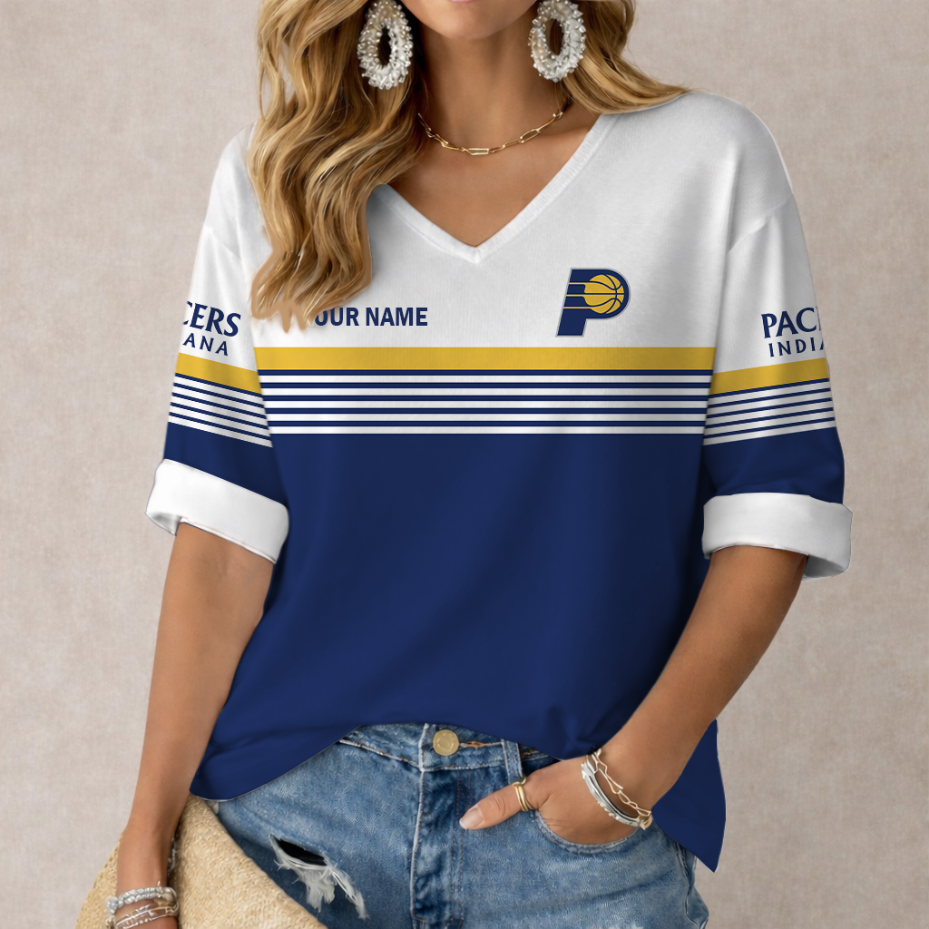 FINAL SALE - NEW CUSTOMIZED NBA06 IPA INDIANA PACERS WOMEN'S HEART V-NECK LONG SLEEVE SHIRT