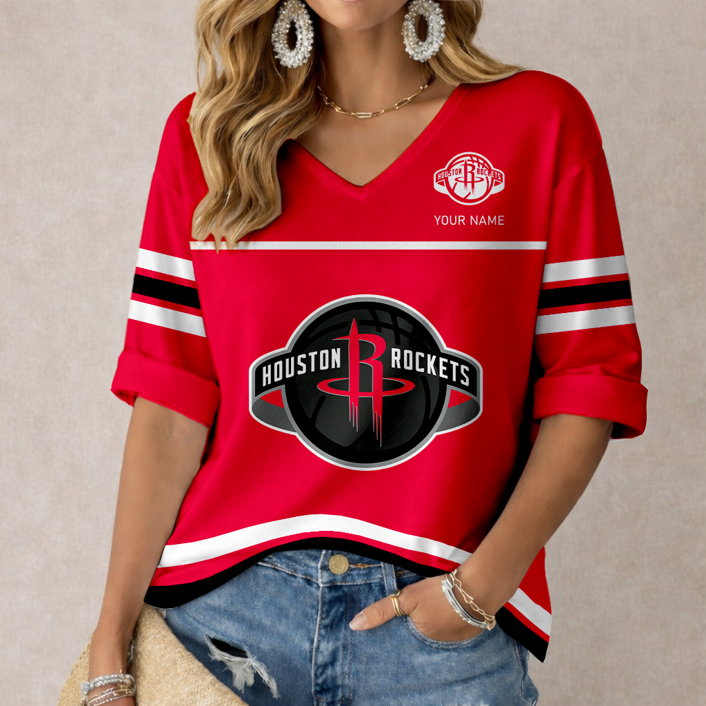 FINAL SALE - NEW CUSTOMIZED NBA07 HRO HOUSTON ROCKETS WOMEN'S HEART V-NECK LONG SLEEVE SHIRT