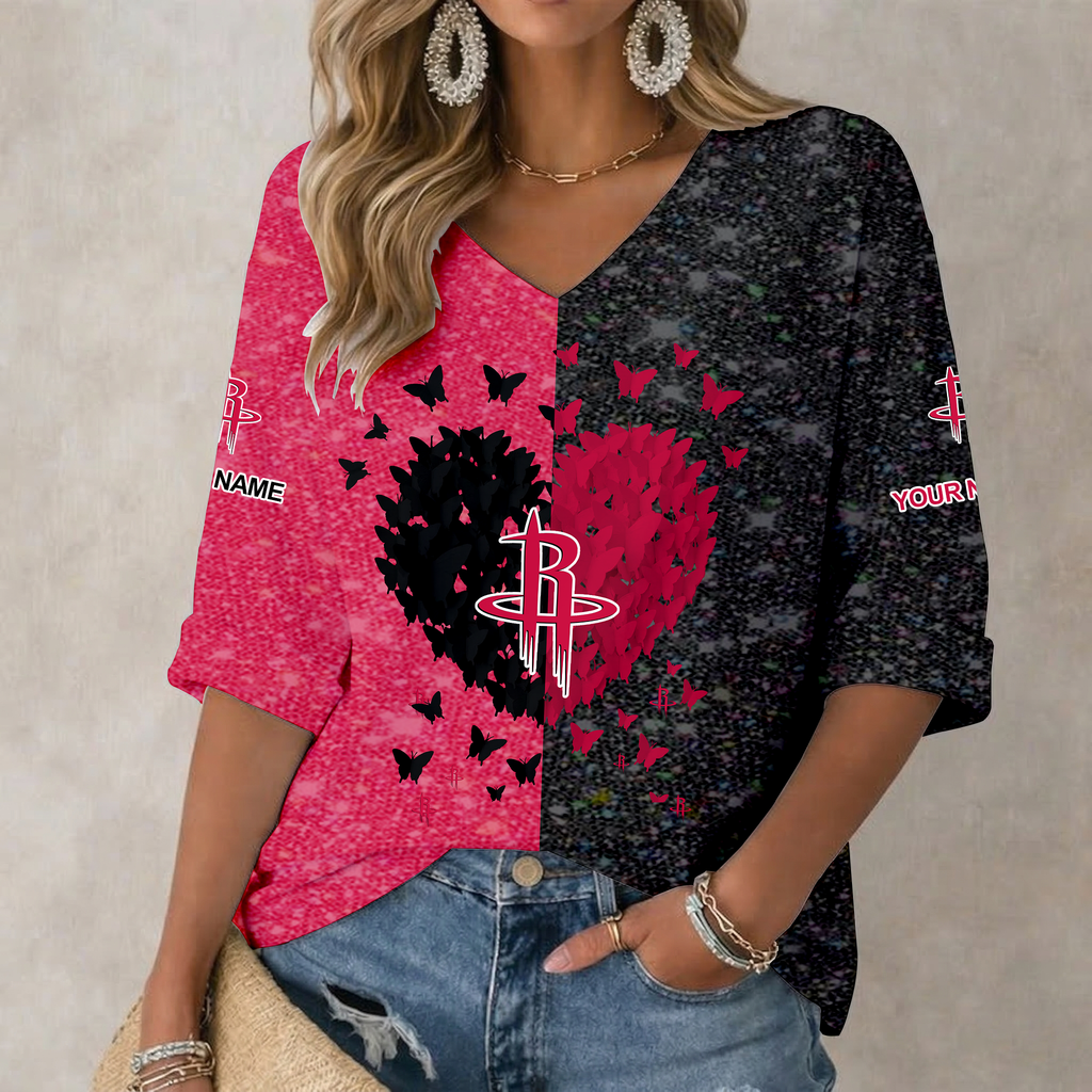 FINAL SALE - NEW CUSTOMIZED NBA07 HRO HOUSTON ROCKETS WOMEN'S HEART V-NECK LONG SLEEVE SHIRT