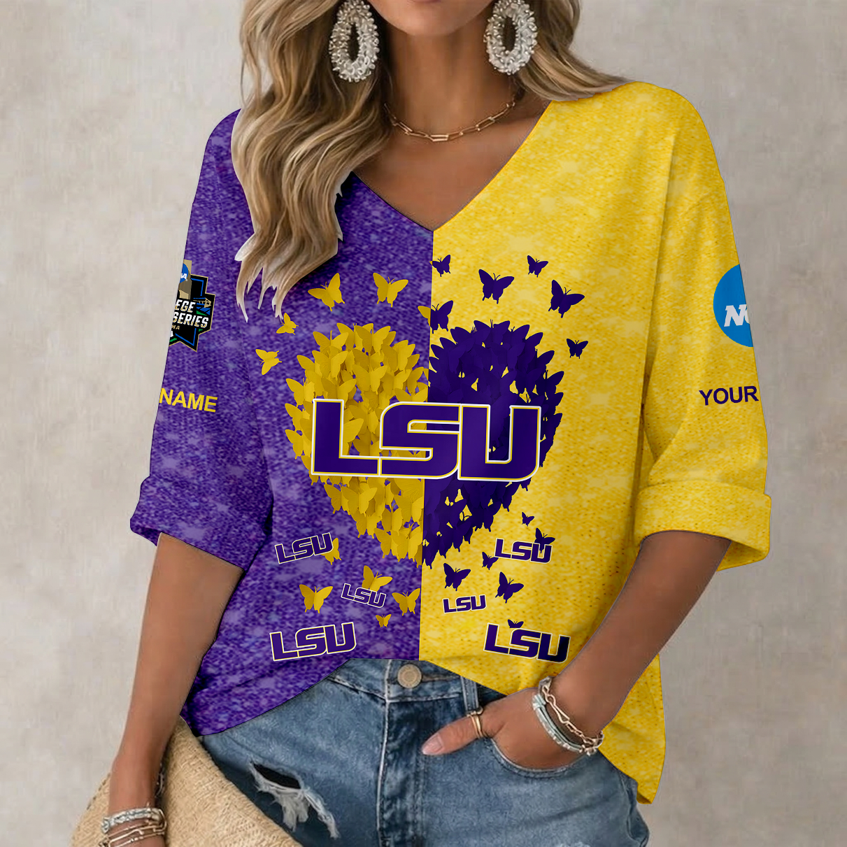 LIMITED DROP NCAA CWS07 LST LSU TIGERS WOMEN'S HEART V-NECK LONG SLEEVE SHIRT