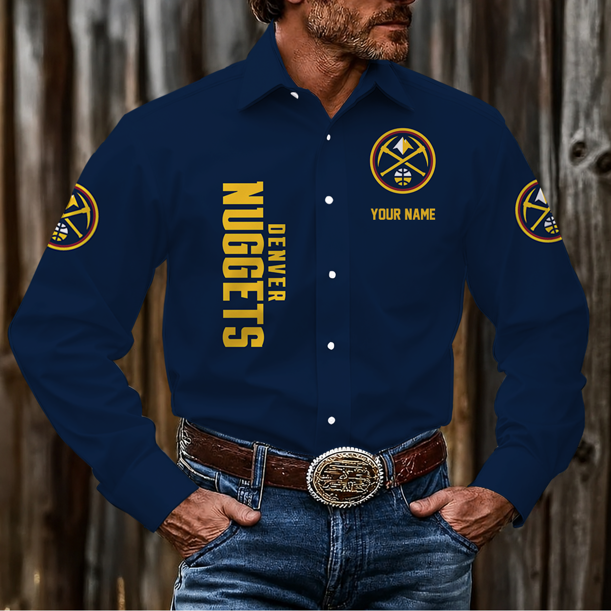 FINAL SALE - NEW CUSTOMIZED NBA08 DNU DENVER NUGGETS MEN'S LONG SLEEVE BUTTON-UP SHIRT