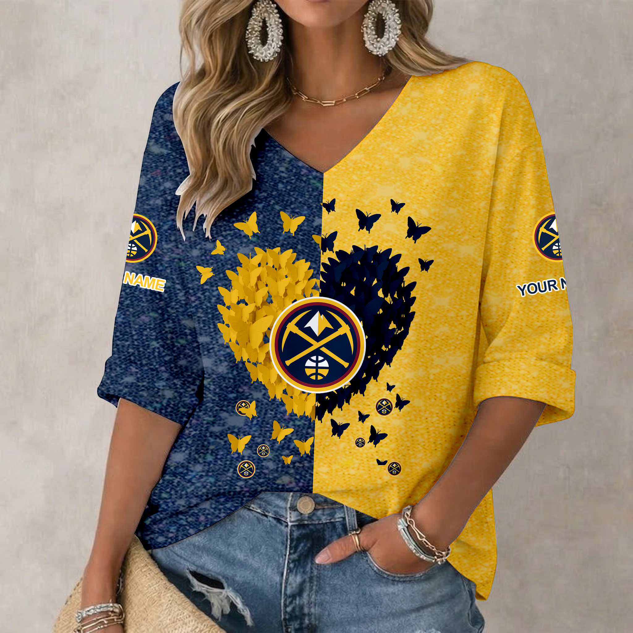FINAL SALE - NEW CUSTOMIZED NBA08 DNU DENVER NUGGETS WOMEN'S HEART V-NECK LONG SLEEVE SHIRT