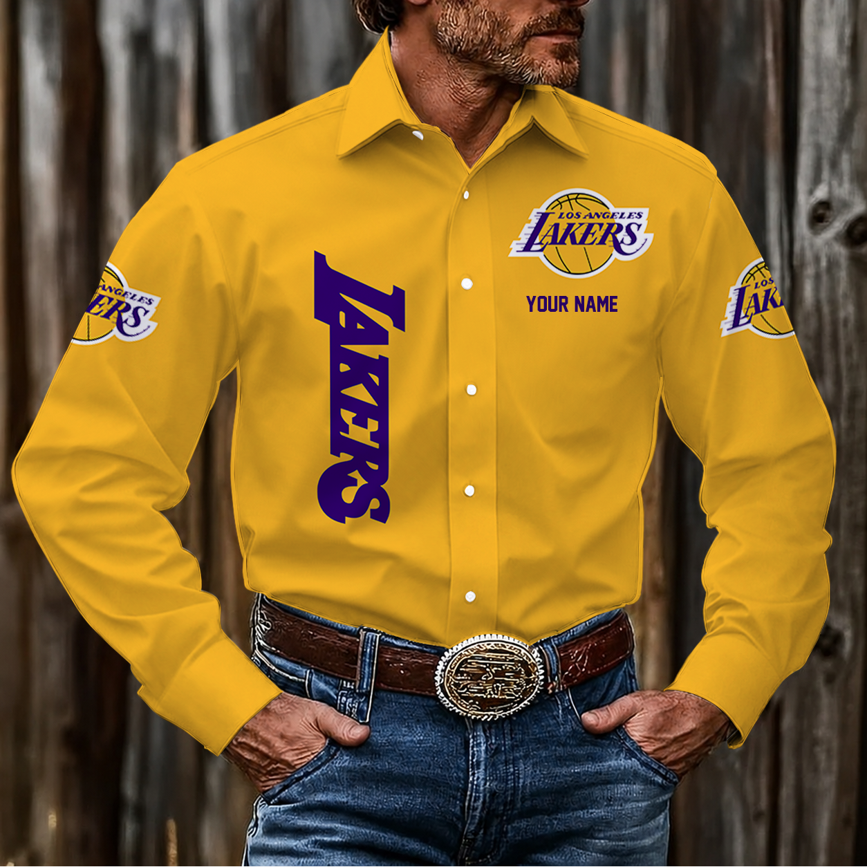 FINAL SALE - NEW CUSTOMIZED NBA09 LLA LOS ANGELES LAKERS MEN'S LONG SLEEVE BUTTON-UP SHIRT