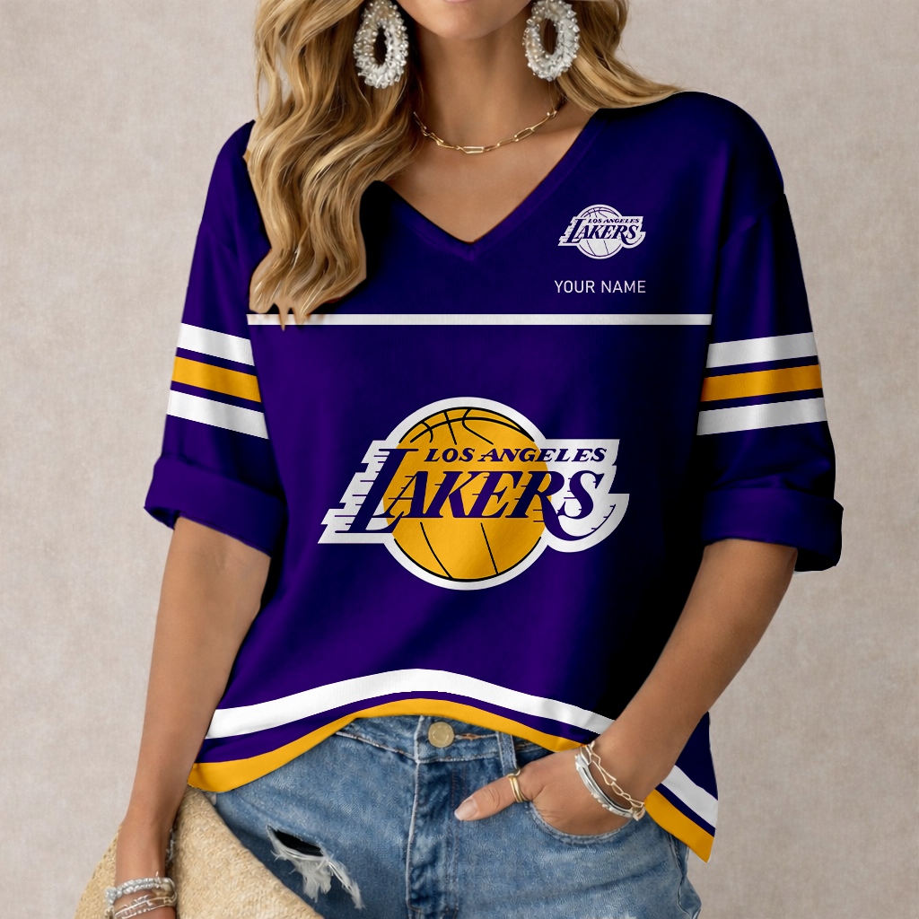 FINAL SALE - NEW CUSTOMIZED NBA09 LLA LOS ANGELES LAKERS WOMEN'S HEART V-NECK LONG SLEEVE SHIRT
