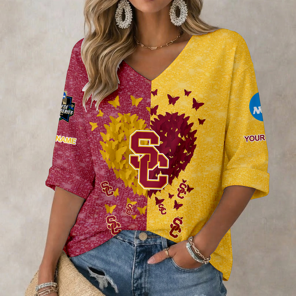 LIMITED DROP NCAA CWS09 USC USC TROJANS WOMEN'S HEART V-NECK LONG SLEEVE SHIRT