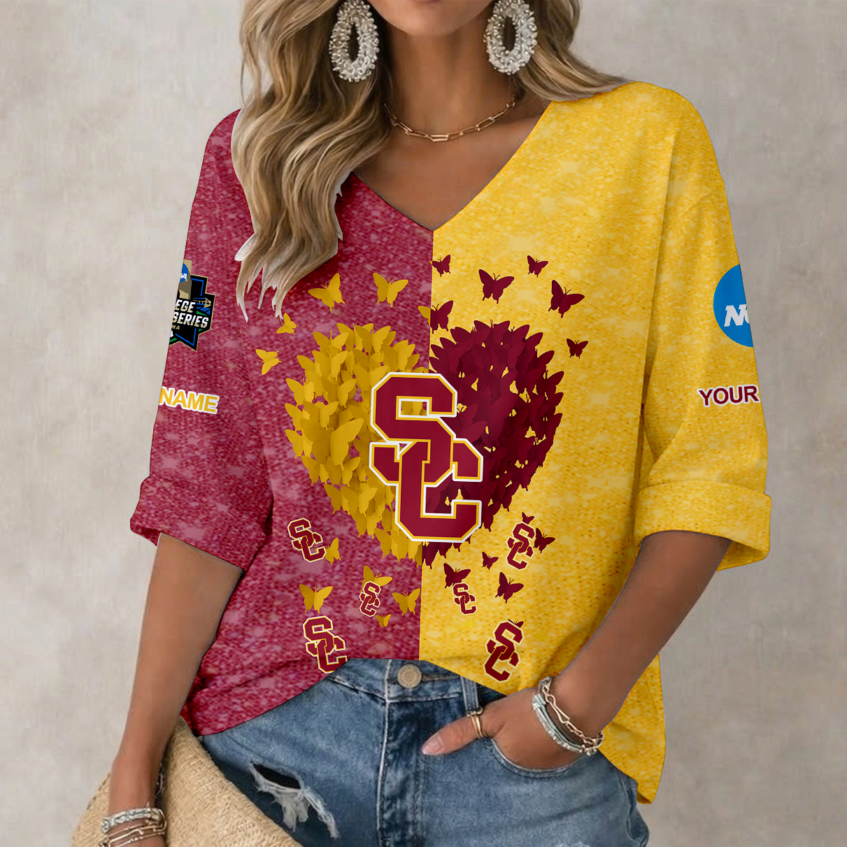 LIMITED DROP NCAA CWS09 USC USC TROJANS WOMEN'S HEART V-NECK LONG SLEEVE SHIRT
