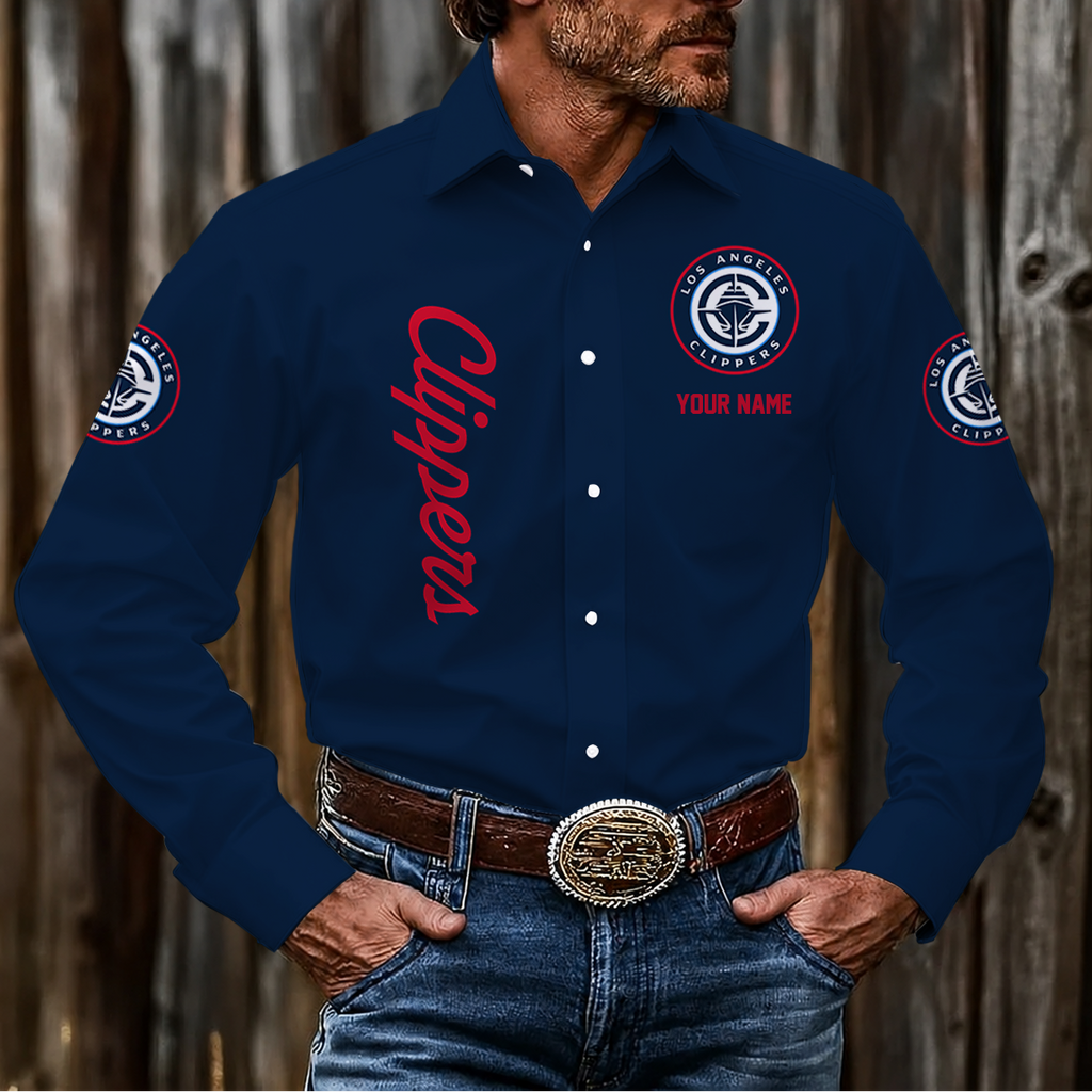 FINAL SALE - NEW CUSTOMIZED NBA10 LCL LOS ANGELES CLIPPERS MEN'S LONG SLEEVE BUTTON-UP SHIRT