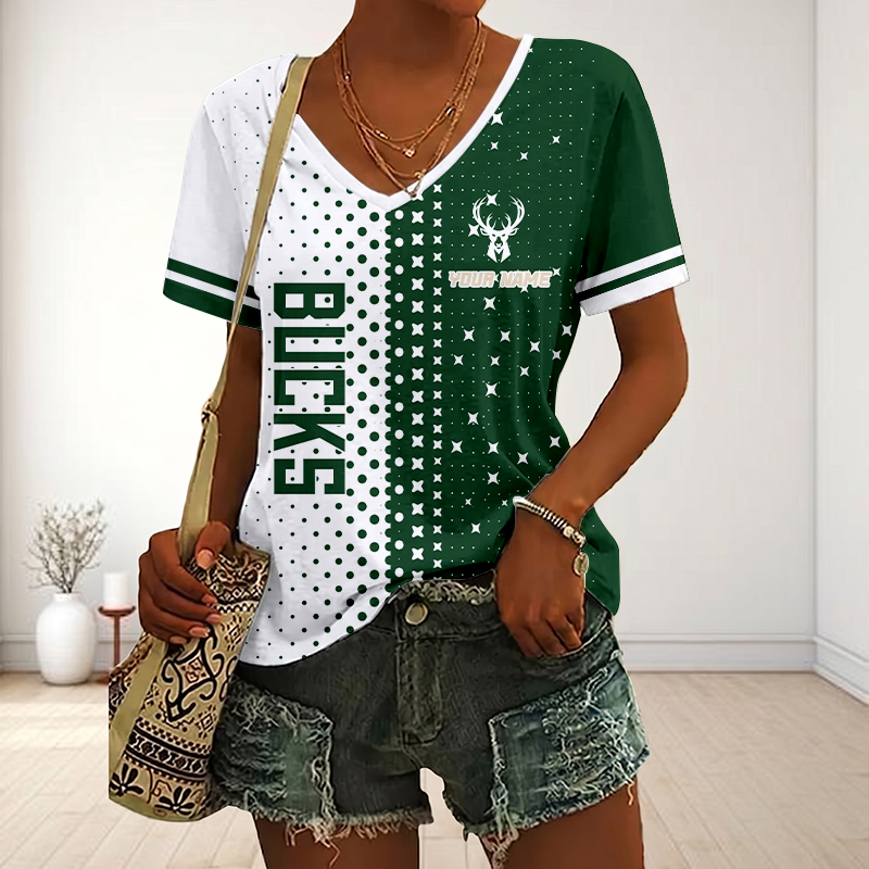 FINAL SALE - NEW CUSTOMIZED NBA11 MBU MILWAUKEE BUCKS V-NECK FEMALE SHIRT