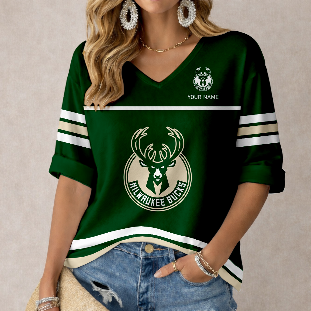 FINAL SALE - NEW CUSTOMIZED NBA11 MBU MILWAUKEE BUCKS WOMEN'S HEART V-NECK LONG SLEEVE SHIRT