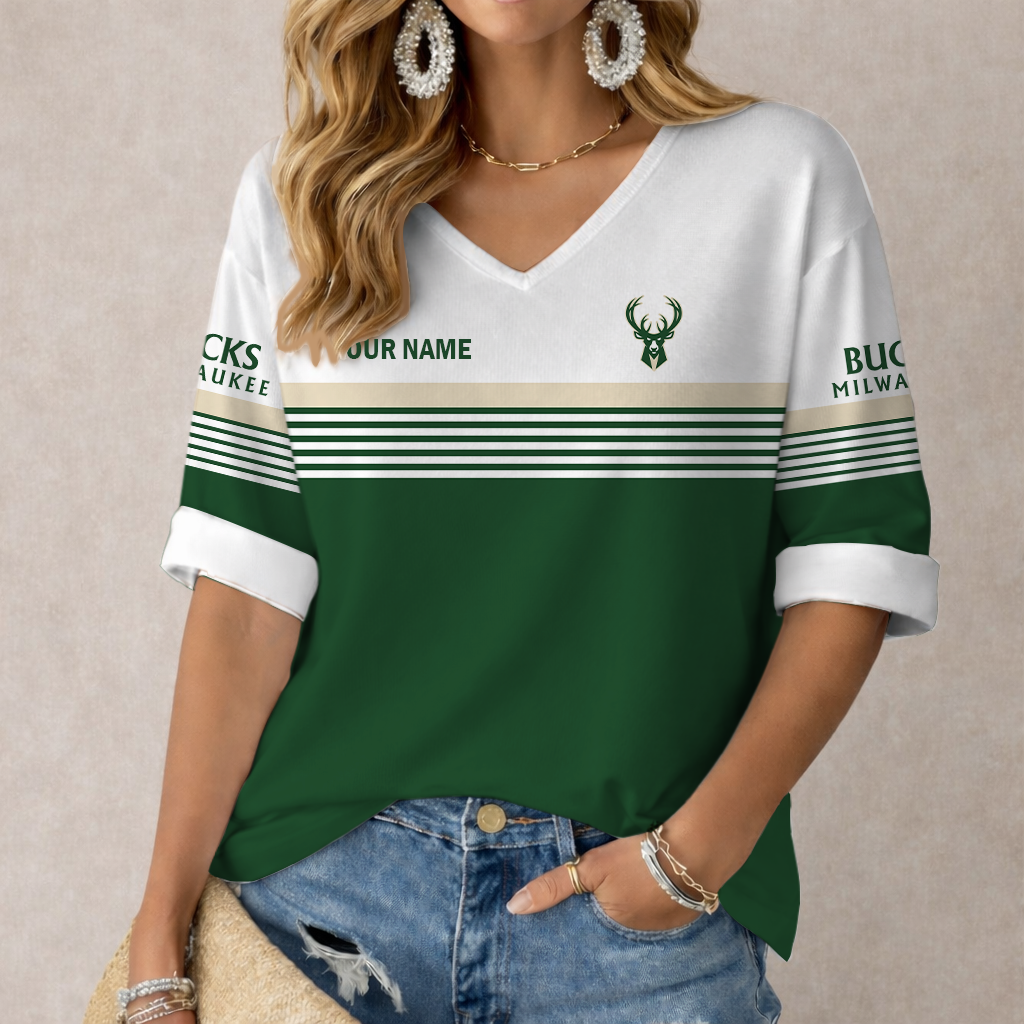 FINAL SALE - NEW CUSTOMIZED NBA11 MBU MILWAUKEE BUCKS WOMEN'S HEART V-NECK LONG SLEEVE SHIRT