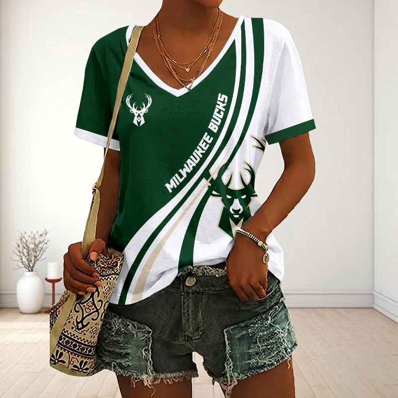 FINAL SALE - NEW CUSTOMIZED NBA11 MBU MILWAUKEE BUCKS V-NECK FEMALE SHIRT