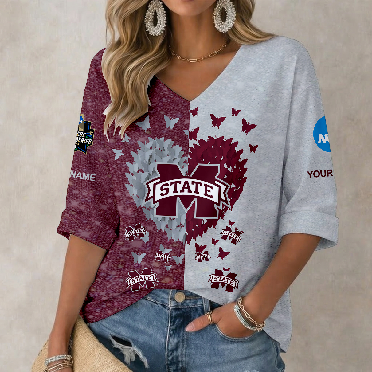 LIMITED DROP NCAA CWS11 MSB MISSISSIPPI STATE BULLDOGS WOMEN'S HEART V-NECK LONG SLEEVE SHIRT