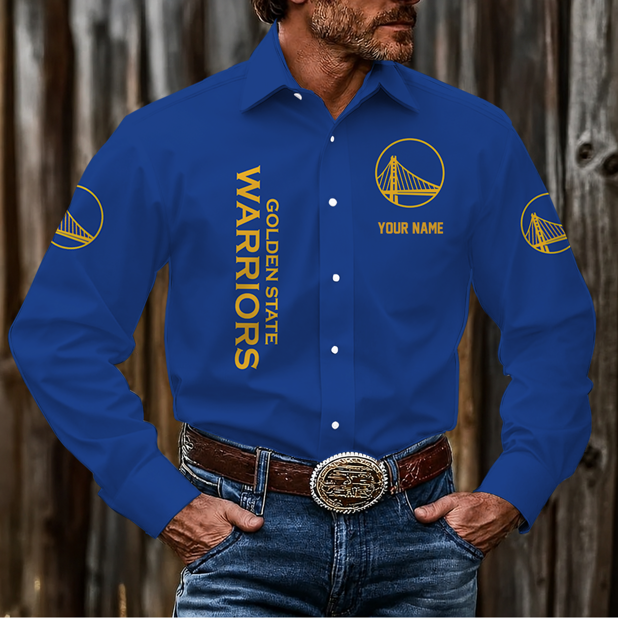 FINAL SALE - NEW CUSTOMIZED NBA12 GSW GOLDEN STATE WARRIORS MEN'S LONG SLEEVE BUTTON-UP SHIRT