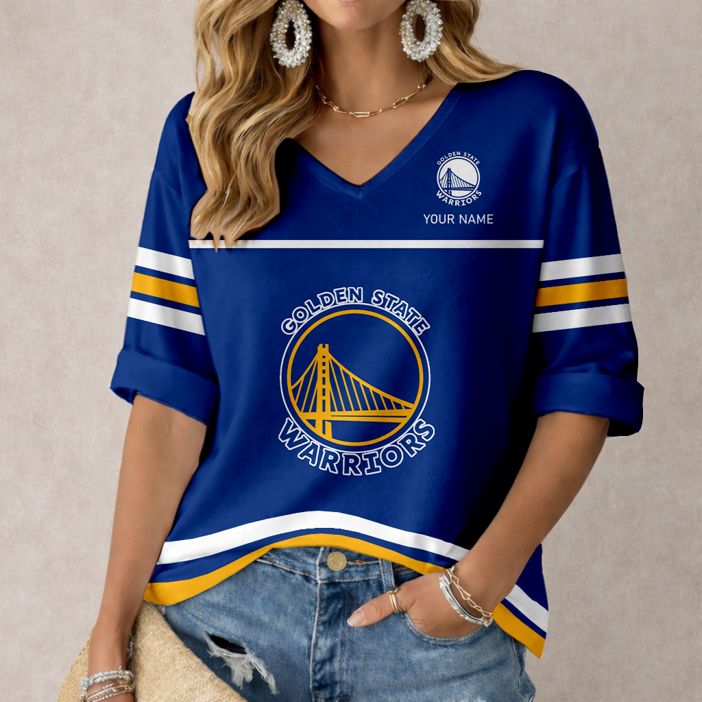 FINAL SALE - NEW CUSTOMIZED NBA12 GSW GOLDEN STATE WARRIORS WOMEN'S HEART V-NECK LONG SLEEVE SHIRT