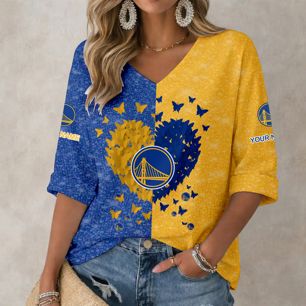 FINAL SALE - NEW CUSTOMIZED NBA12 GSW GOLDEN STATE WARRIORS WOMEN'S HEART V-NECK LONG SLEEVE SHIRT