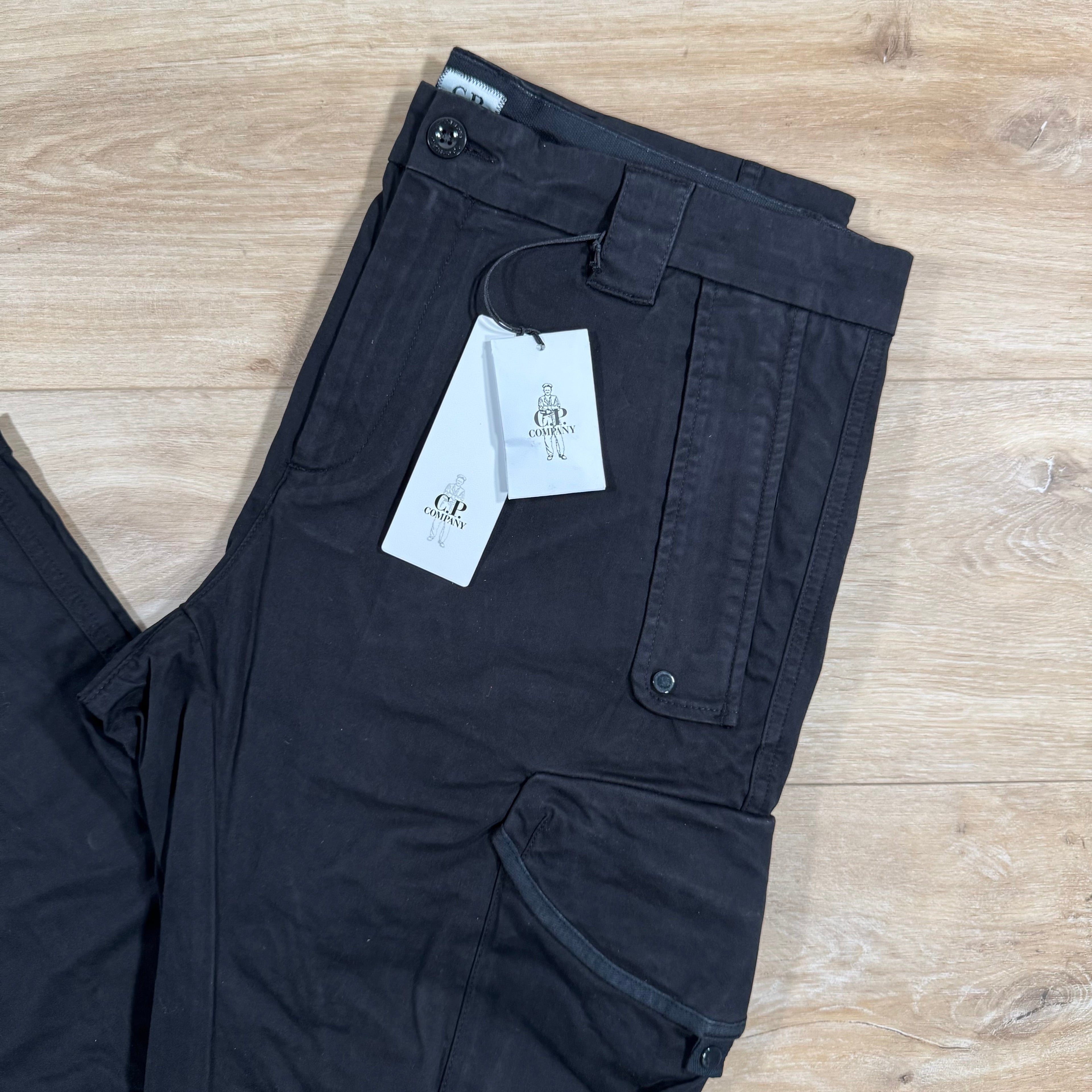 CP Company Stretch Sateen Utility Cargo Lens Pants in Black Ironleague