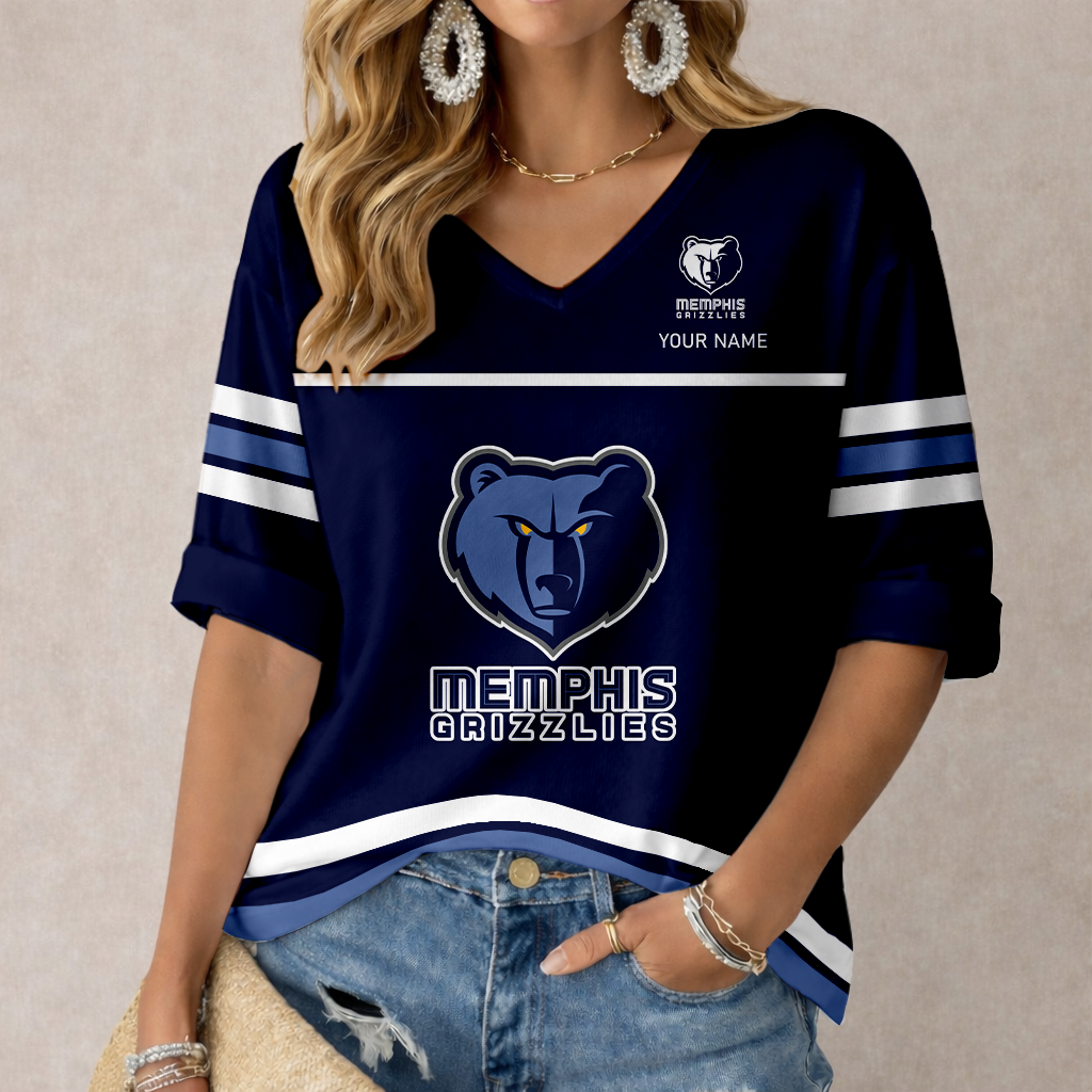 FINAL SALE - NEW CUSTOMIZED NBA13 MGR MEMPHIS GRIZZLIES WOMEN'S HEART V-NECK LONG SLEEVE SHIRT