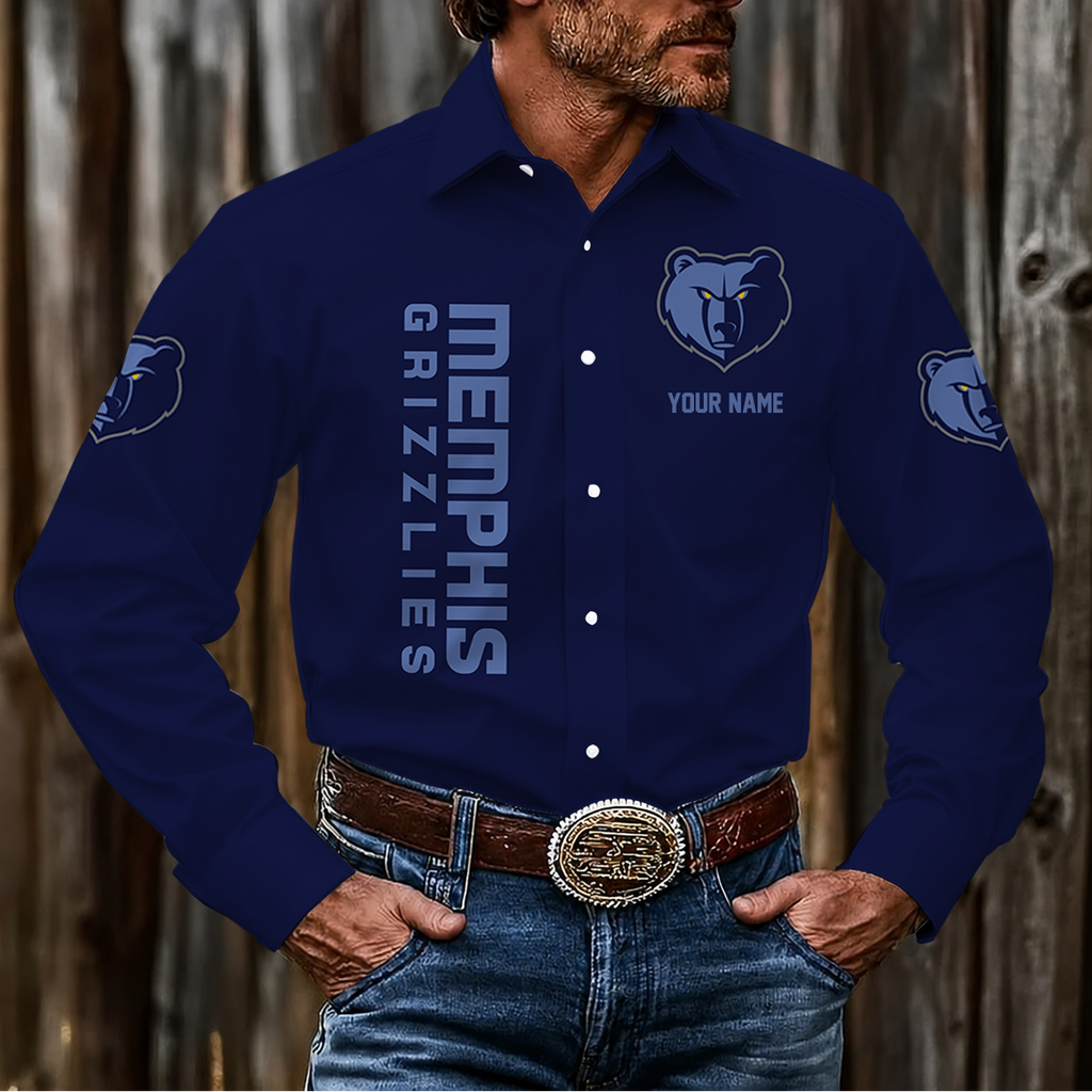 FINAL SALE - NEW CUSTOMIZED NBA13 MGR MEMPHIS GRIZZLIES MEN'S LONG SLEEVE BUTTON-UP SHIRT