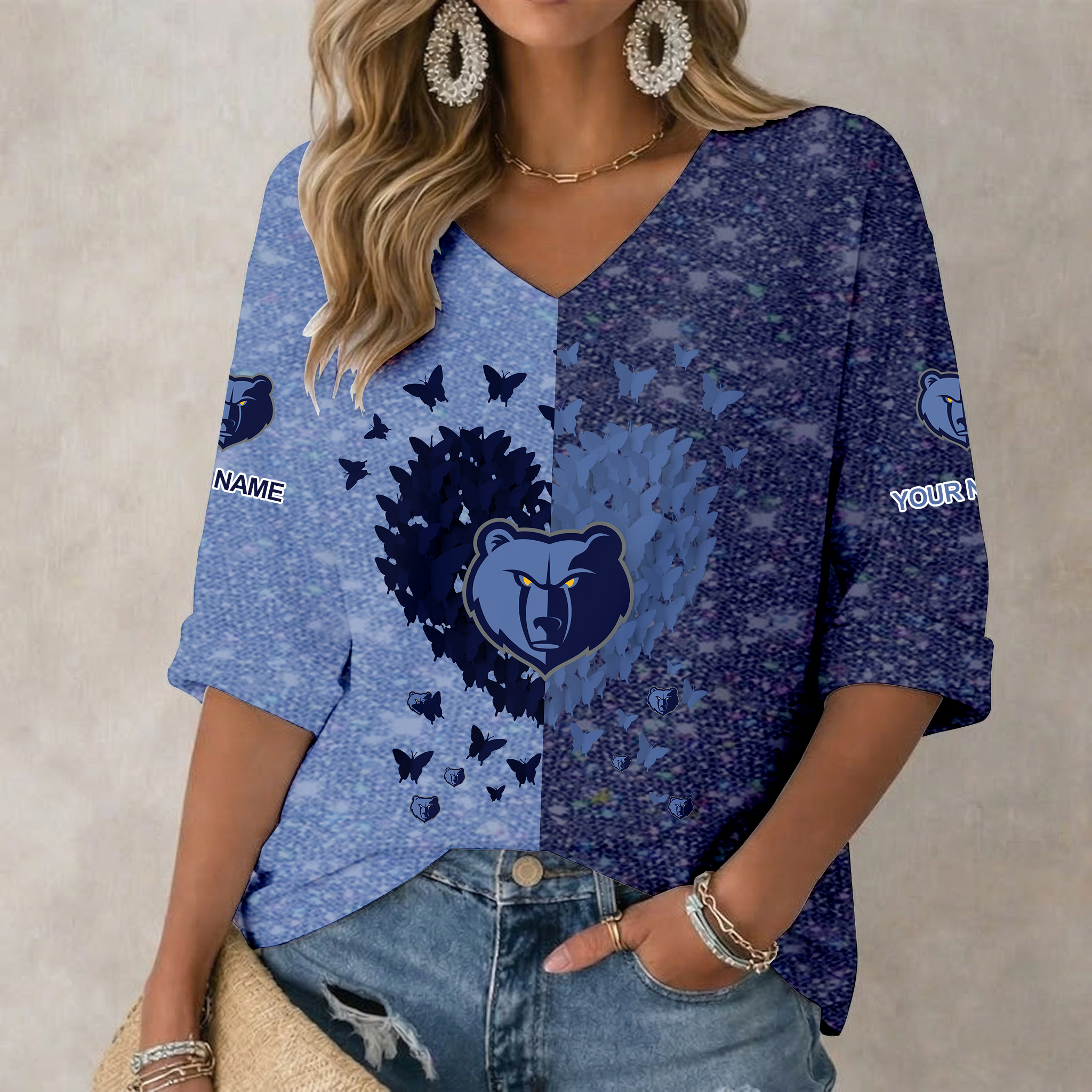 FINAL SALE - NEW CUSTOMIZED NBA13 MGR MEMPHIS GRIZZLIES WOMEN'S HEART V-NECK LONG SLEEVE SHIRT