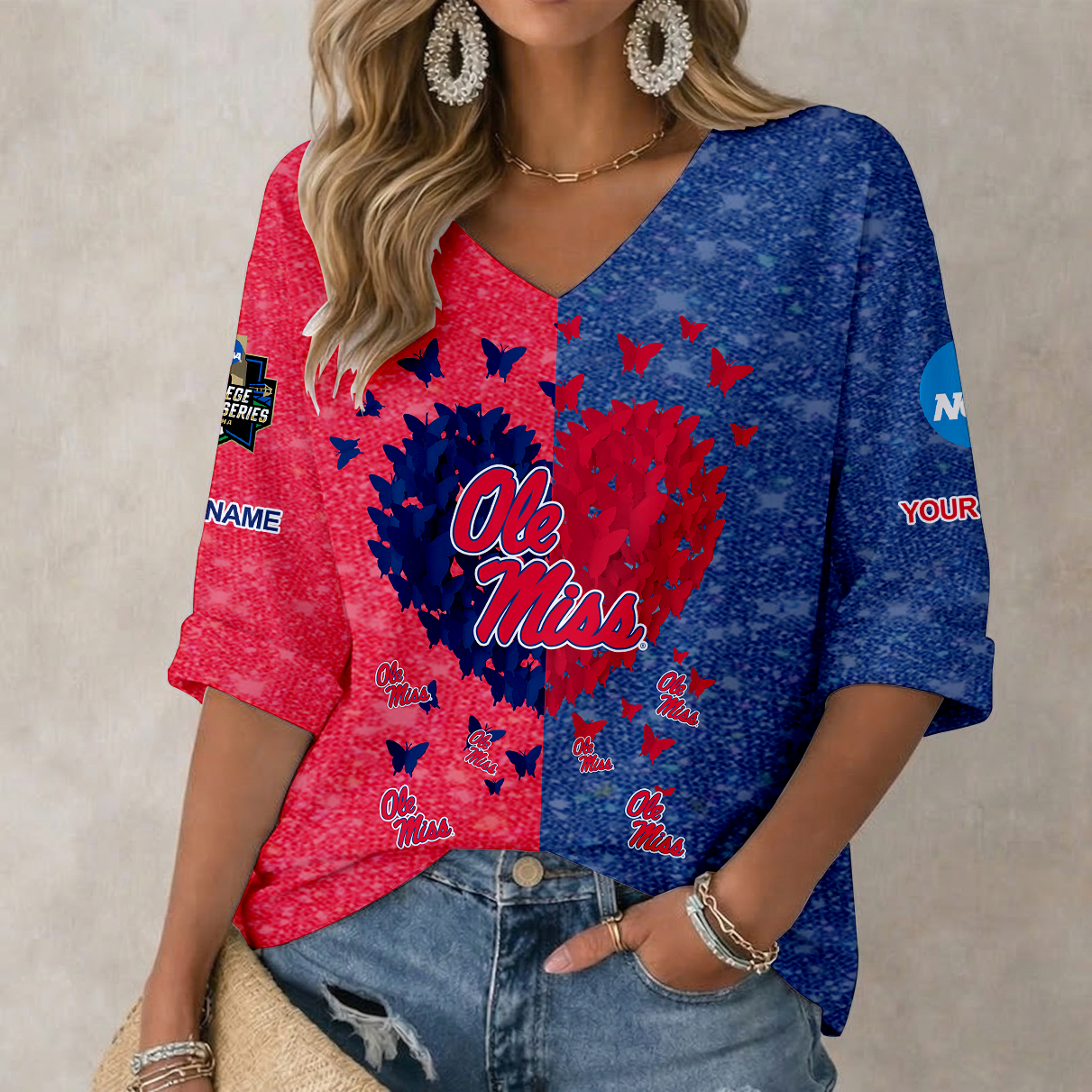 LIMITED DROP NCAA CWS13 OMR OLE MISS REBELS WOMEN'S HEART V-NECK LONG SLEEVE SHIRT