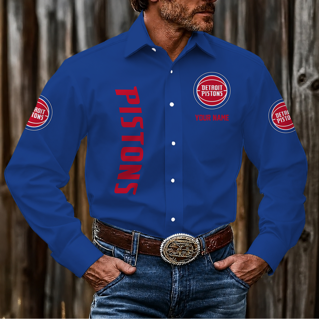 FINAL SALE - NEW CUSTOMIZED NBA14 DPI DETROIT PISTONS MEN'S LONG SLEEVE BUTTON-UP SHIRT