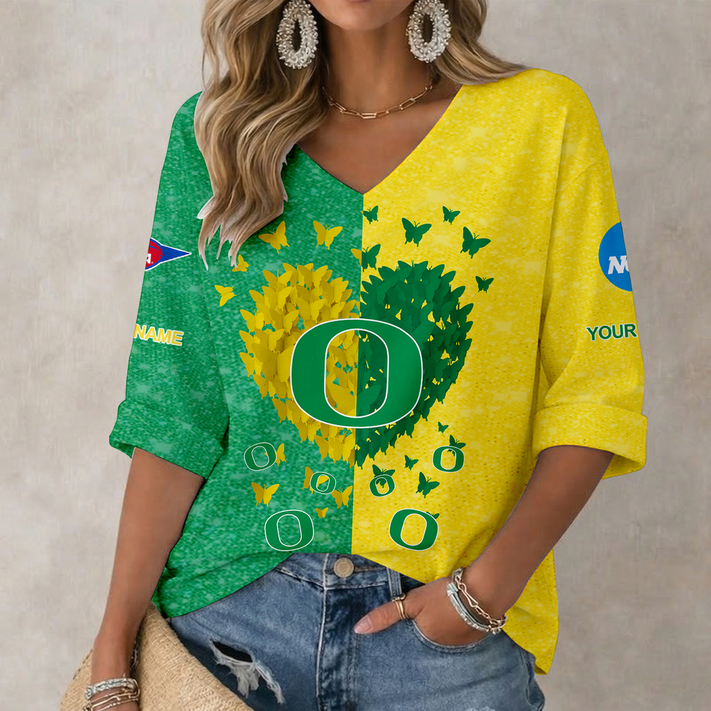 LIMITED DROP NCAA FBS14 OGD OG DUCKS WOMEN'S HEART V-NECK LONG SLEEVE SHIRT