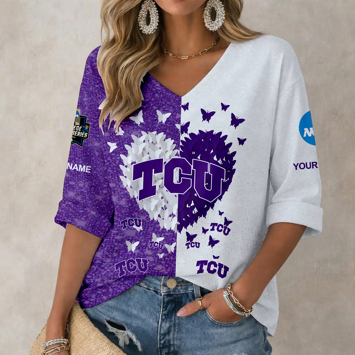 LIMITED DROP NCAA CWS14 THF TCU HORNED FROGS WOMEN'S HEART V-NECK LONG SLEEVE SHIRT