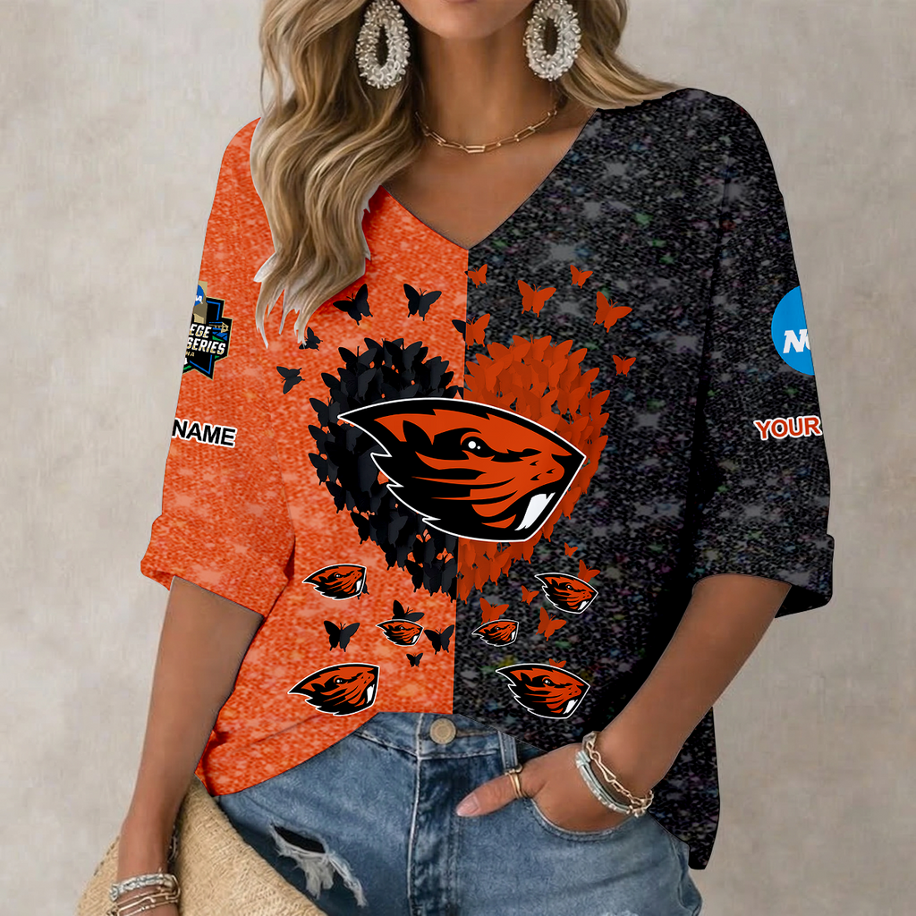 LIMITED DROP NCAA CWS15 OGB OREGON STATE BEAVERS WOMEN'S HEART V-NECK LONG SLEEVE SHIRT