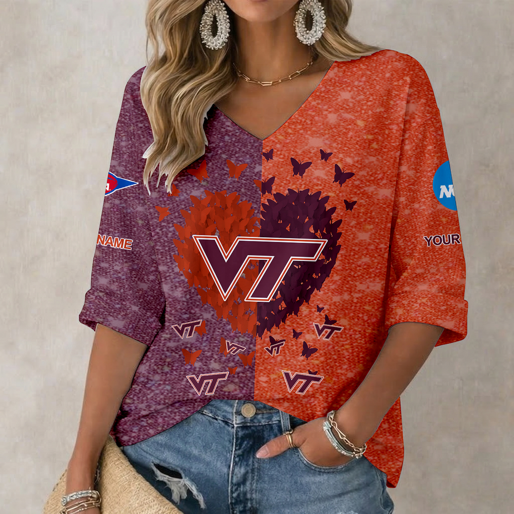 LIMITED DROP NCAA FBS15 VTH VG TECH HOKIES WOMEN'S HEART V-NECK LONG SLEEVE SHIRT