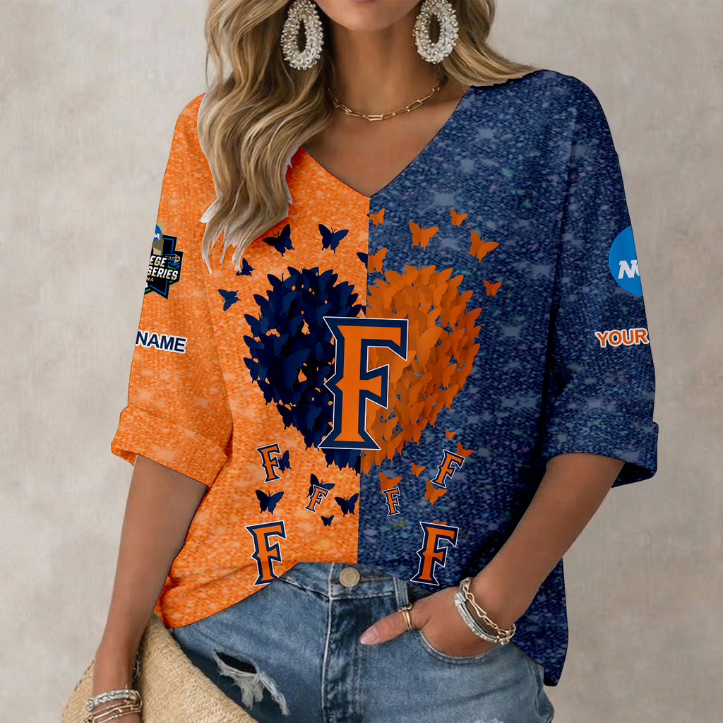 LIMITED DROP NCAA CWS16 CFT CAL STATE FULLERTON TITANS WOMEN'S HEART V-NECK LONG SLEEVE SHIRT