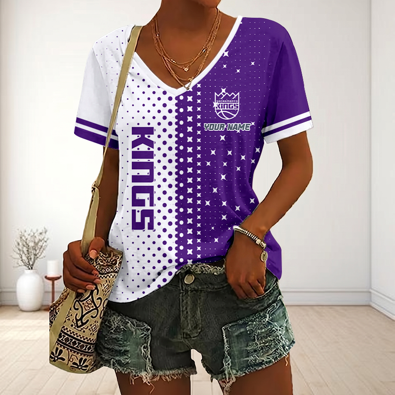 FINAL SALE - NEW CUSTOMIZED NBA16 SKI SACRAMENTO KINGS V-NECK FEMALE SHIRT