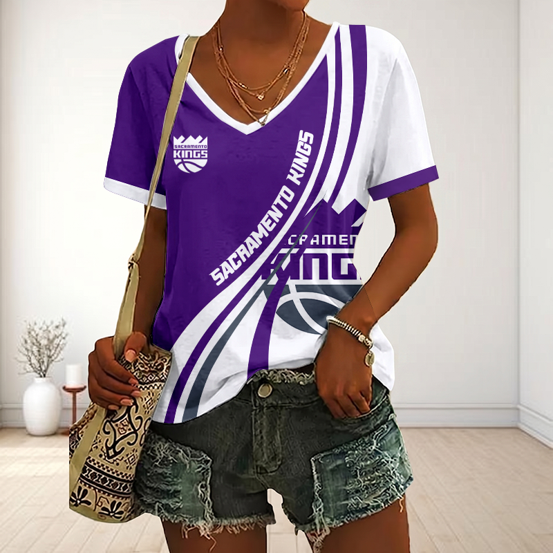 FINAL SALE - NEW CUSTOMIZED NBA16 SKI SACRAMENTO KINGS V-NECK FEMALE SHIRT